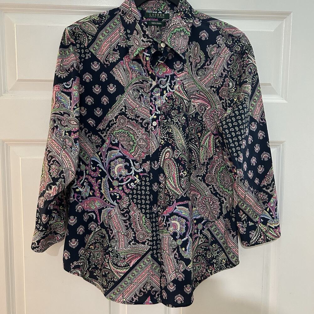 Lauren Ralph Lauren Women’s L Non-Iron Paisley Collared Button-Up Blouse